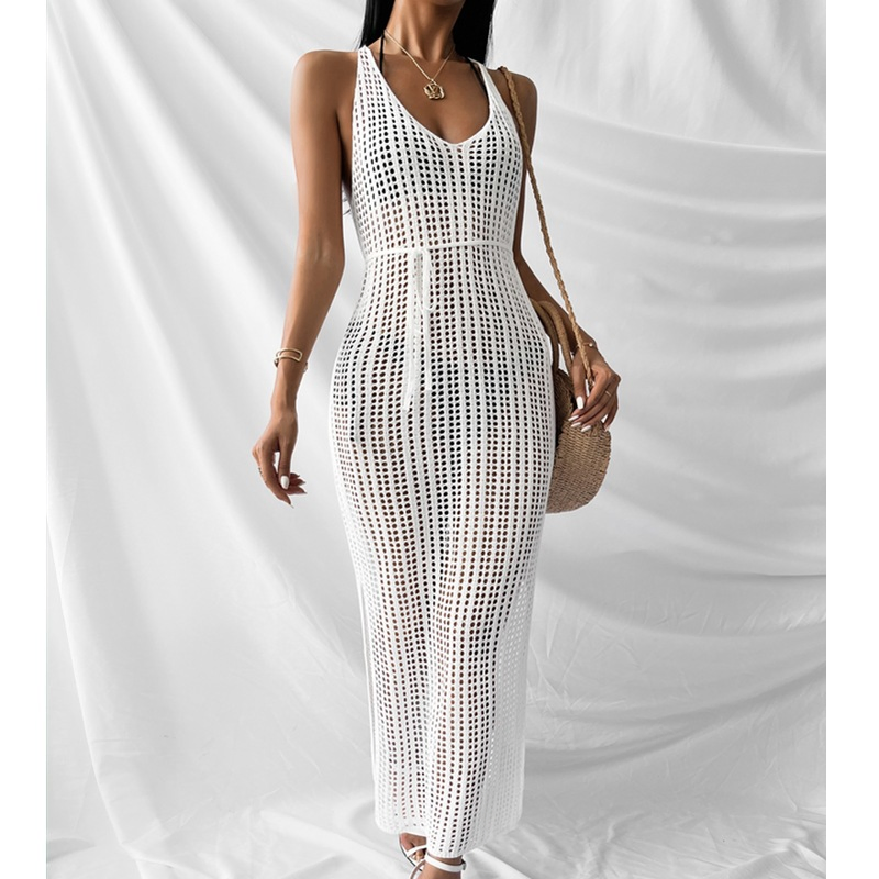 Vestido de Praia Tricotado Longo Ocasional Solto para Mulheres com Recortes Hollow-out de Verão