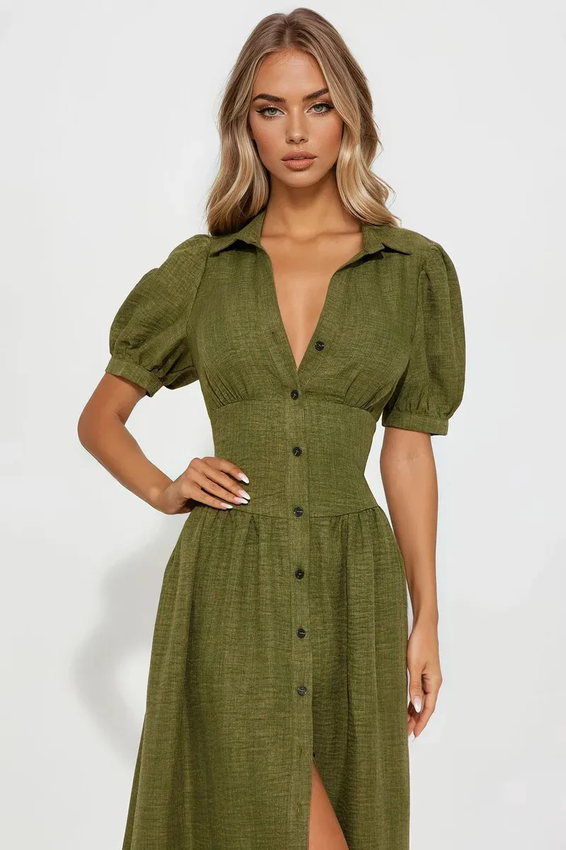 Vestido Maxi Longo de Linho Verde Oliva