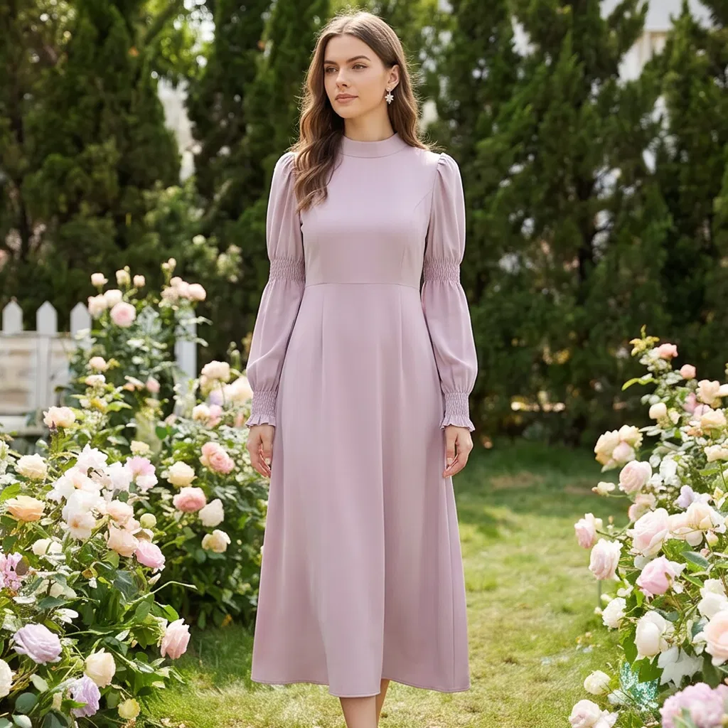 Vestido Midi Casual Elegante Modesto de Cor Sólida com Decote Alto, Mangas Bufantes e Elástico em Lavanda Enfumaçada para Mulheres