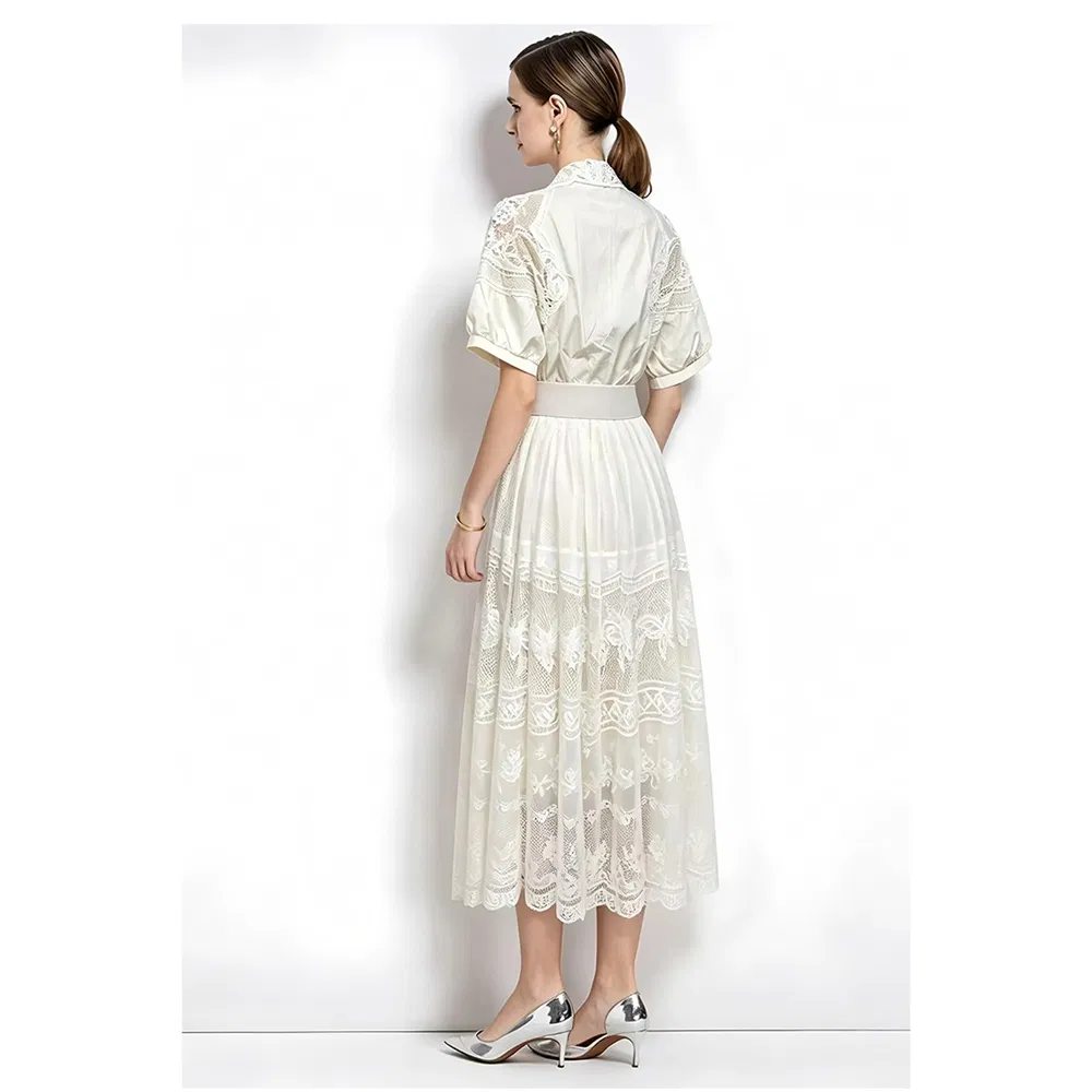 Vestido feminino de saia longa com blusa de renda de manga curta e botão único