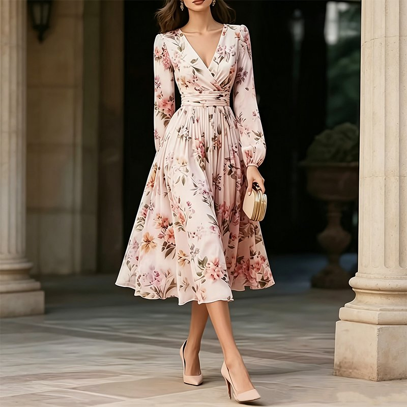 Vestido Midi Chiffon com Estampa Floral para Fornecimento de Fábrica, Manga Longa, Decote em V, Cintura Reunida, A Linha, Casual, para Escritório, Convidada de Casamento, Vestido de Verão, Logotipo Personalizado