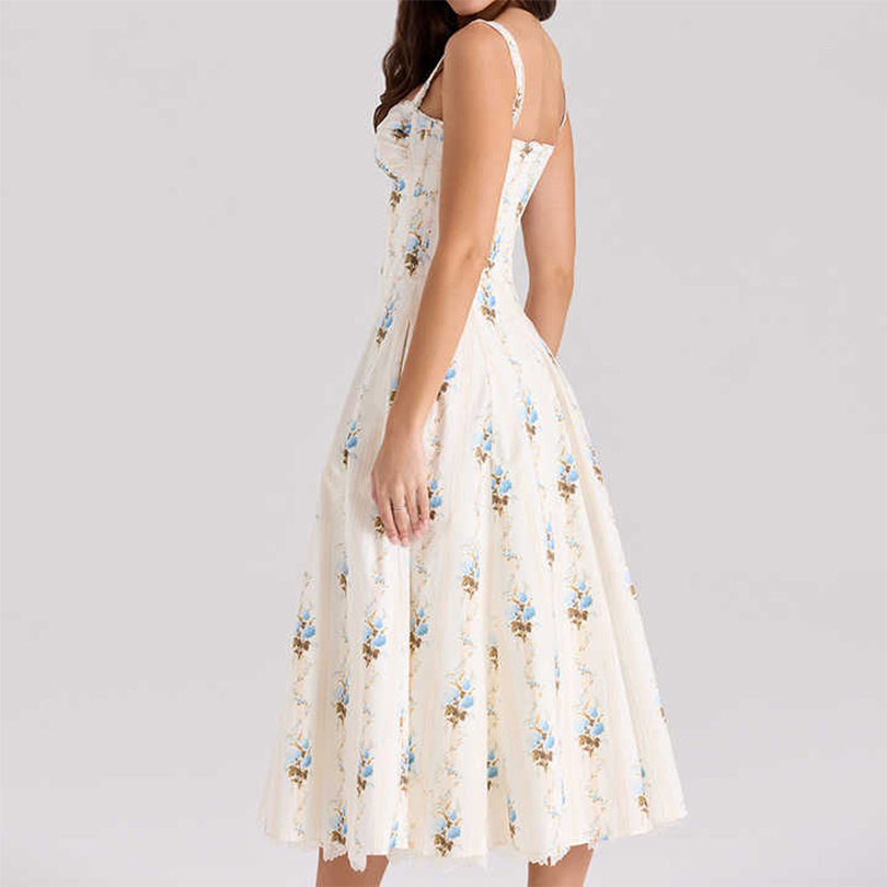 Casual Slip Dress Cream Floral Print Cotton Corset MIDI Dress