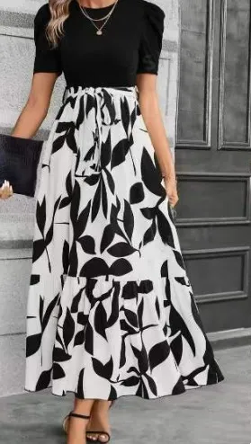 Vestido Casual Longo com Estampa Floral, Top com Recortes e Cinto na Cintura para Mulheres