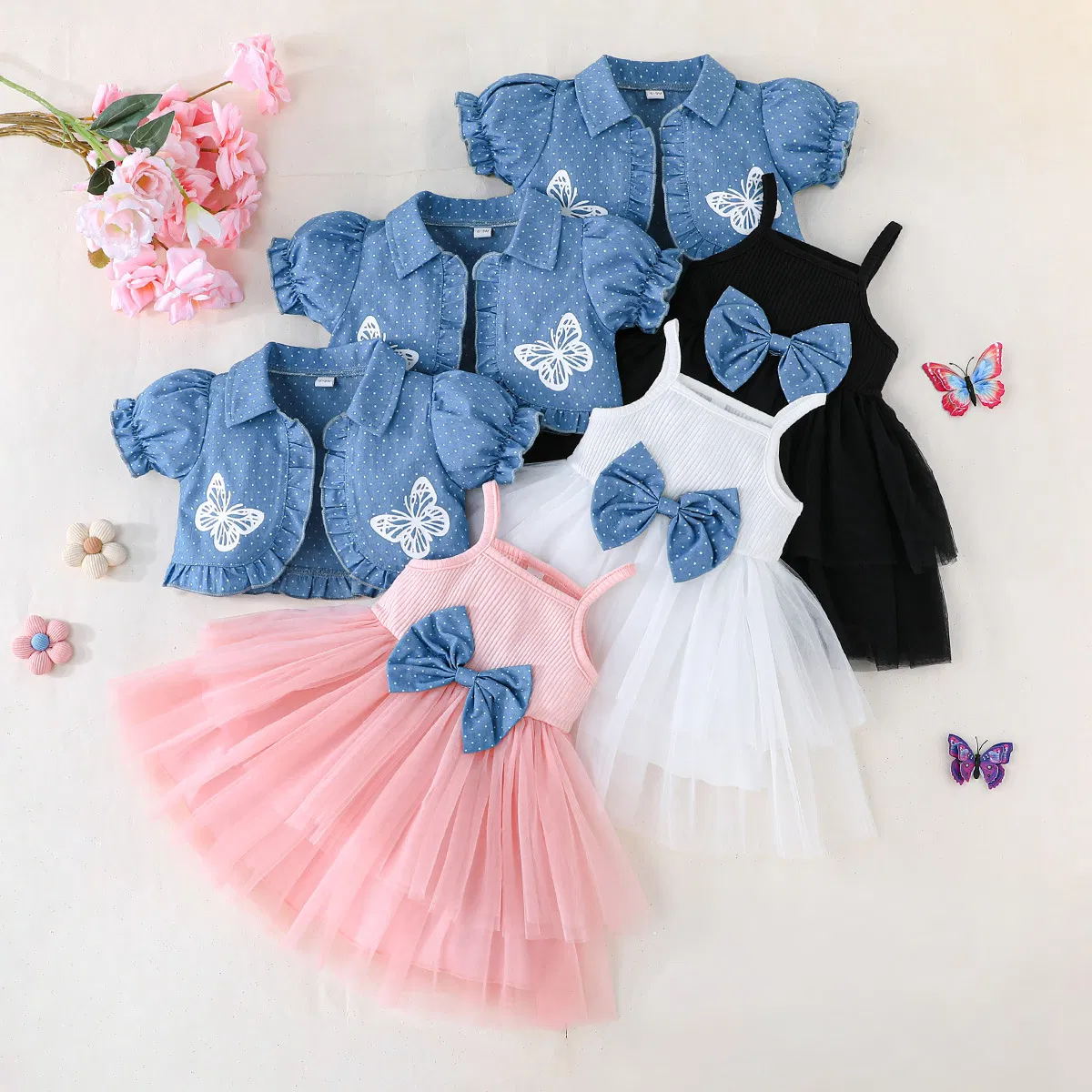 Conjuntos de Roupas de Bebê Vestido para Menina Casual Jaqueta Cowboy de Manga Curta Vestido de Malha com Flores Vestidos para Meninas