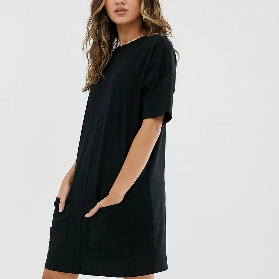 Vestido Casual de Verão Feminino Estilo Camiseta Elástica Solta com Bolso