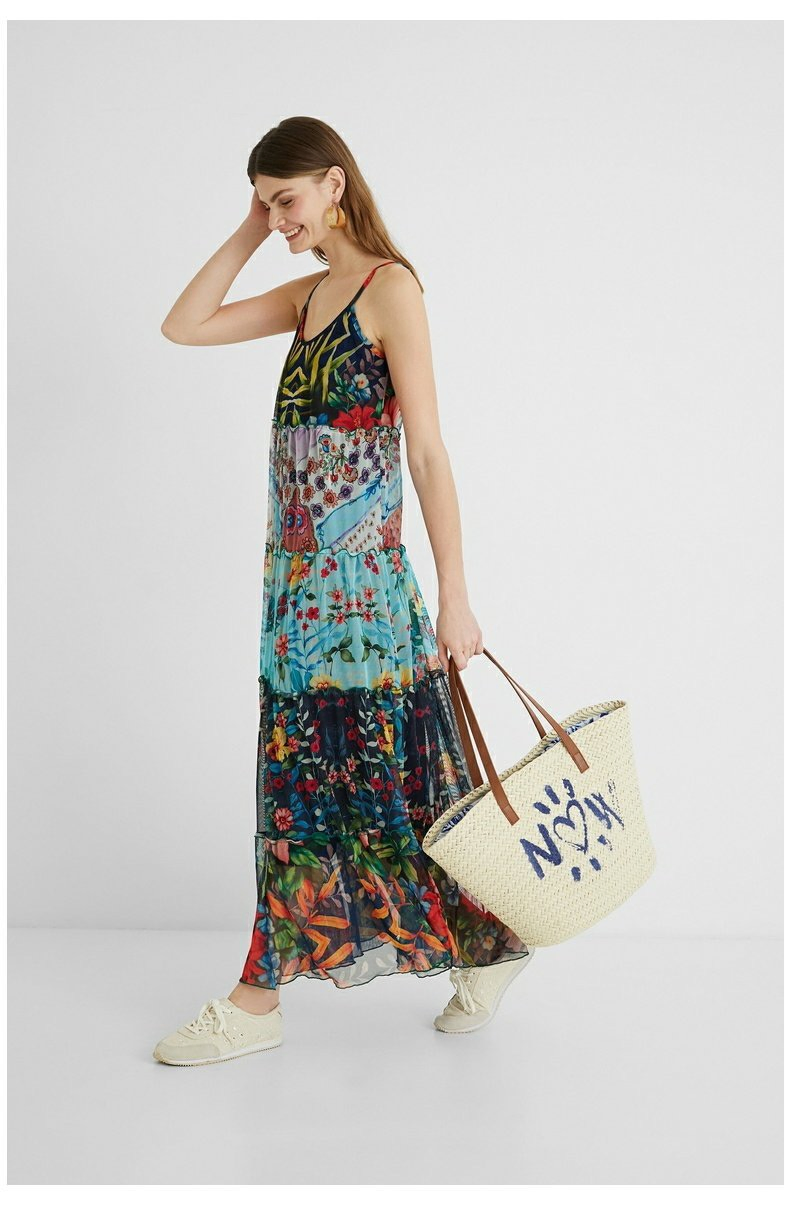Novo Vestido Maxi Casual Solto de Malha Impressa com Decote Redondo para Mulheres