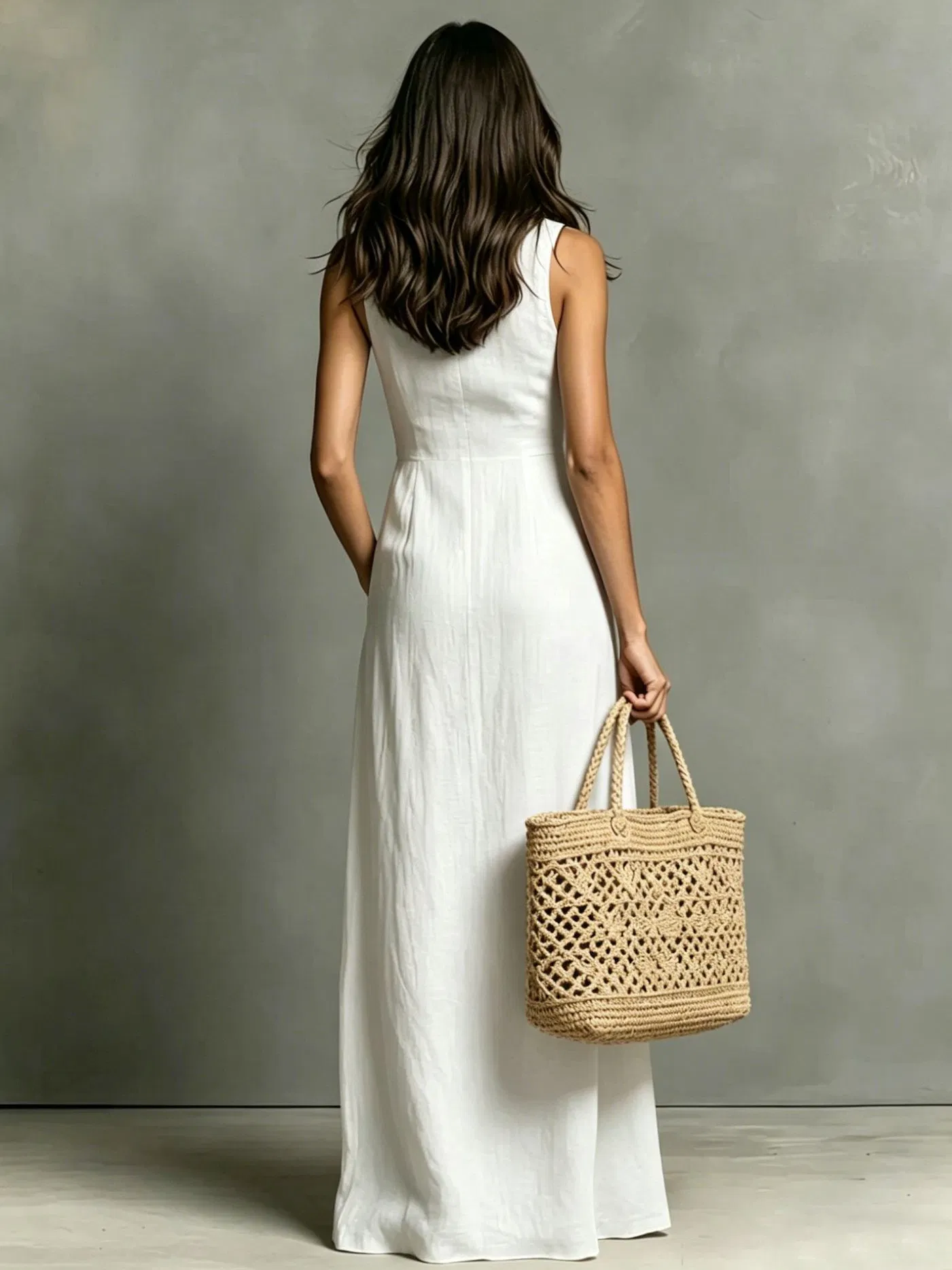 Vestido midi casual sem mangas com lapela e botões, em cor sólida, com bolsos