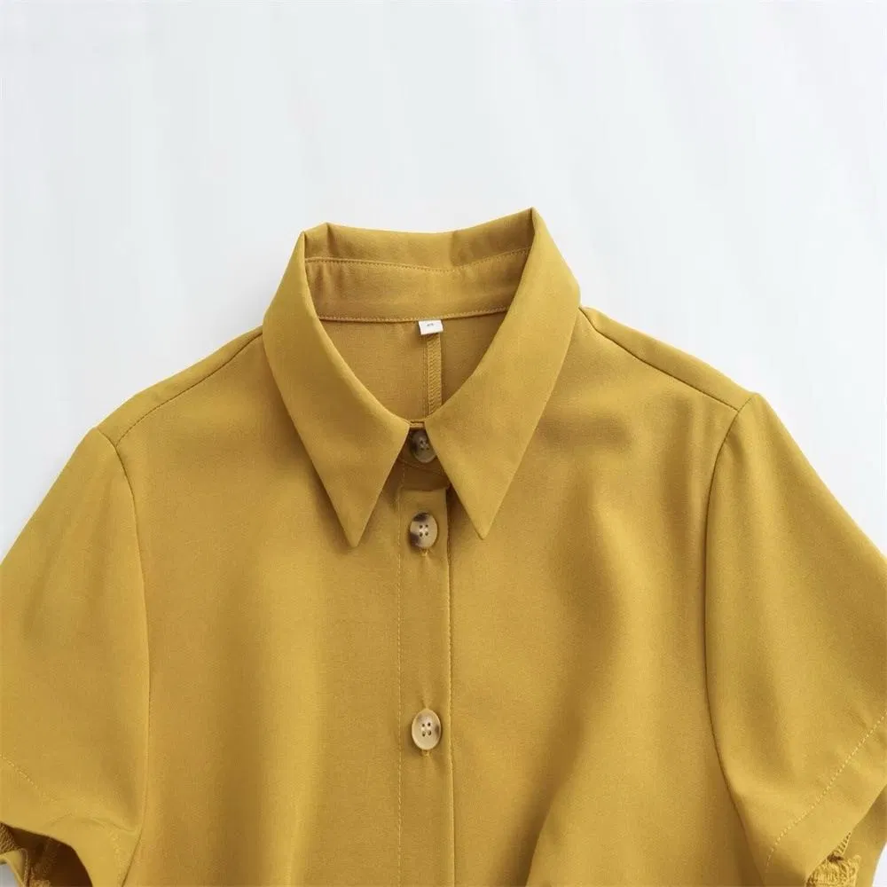 Vestido Camisa de Manga Curta com Botões e Barra Plissada Vestido Mini Casual para Mulheres Trabalho