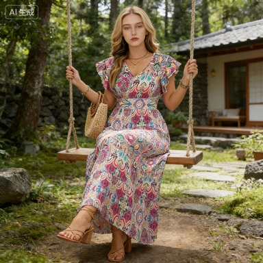 Vestido Maxi Boho Estampado Rosa - Vestido Casual de Verão com Decote em V e Mangas Curtas para Mulheres