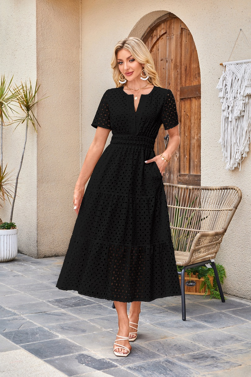 Vestido Longo de Manga Curta para Mulheres com Decote em V, Renda Oca, Plissado, Manga Curta, Vestidos Casuais Sólidos