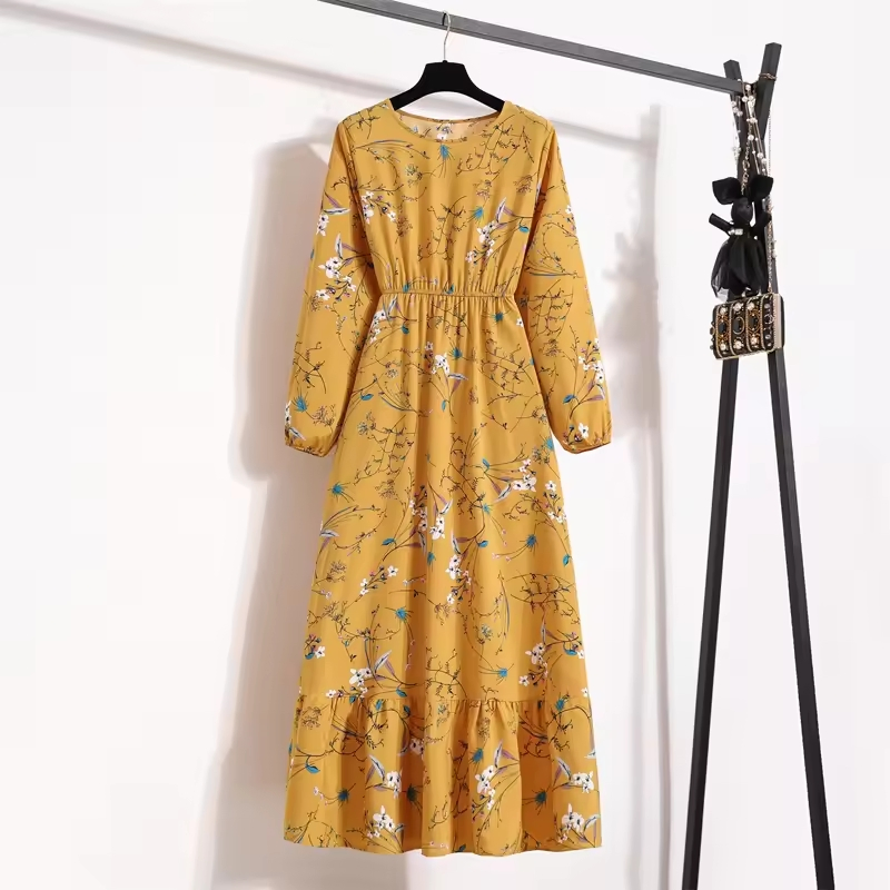 Vestido Maxi Boho de Primavera Verão para Mulheres Airy, Mangas Longas, Delicados Designs Florais, Gola Redonda, Casual e Elegante para Festas na Praia