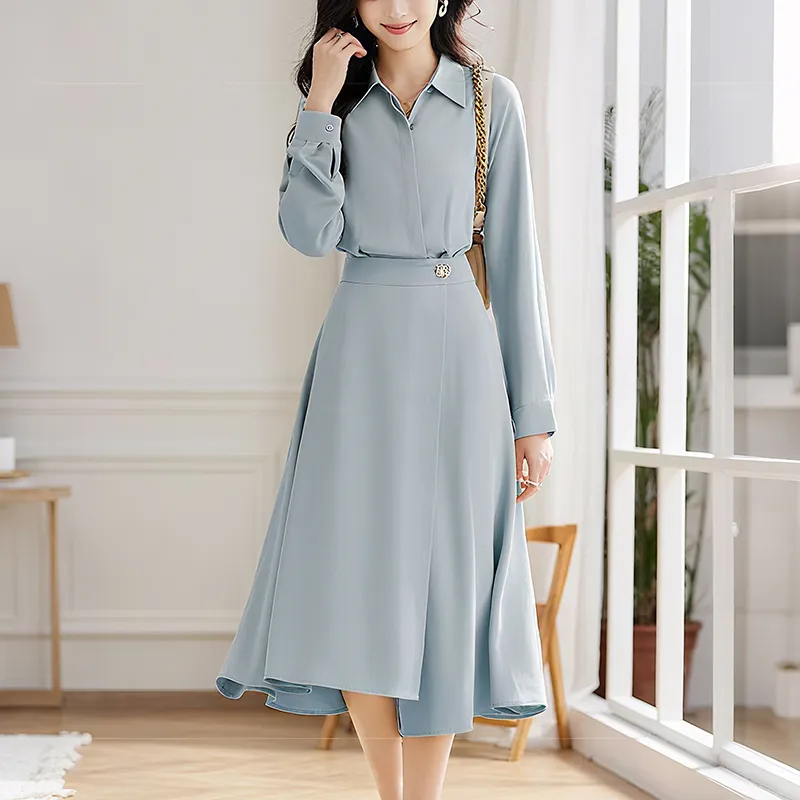 Camisa de Negócios Casual de Manga Longa Elegante com Design de Vestido em A-Line