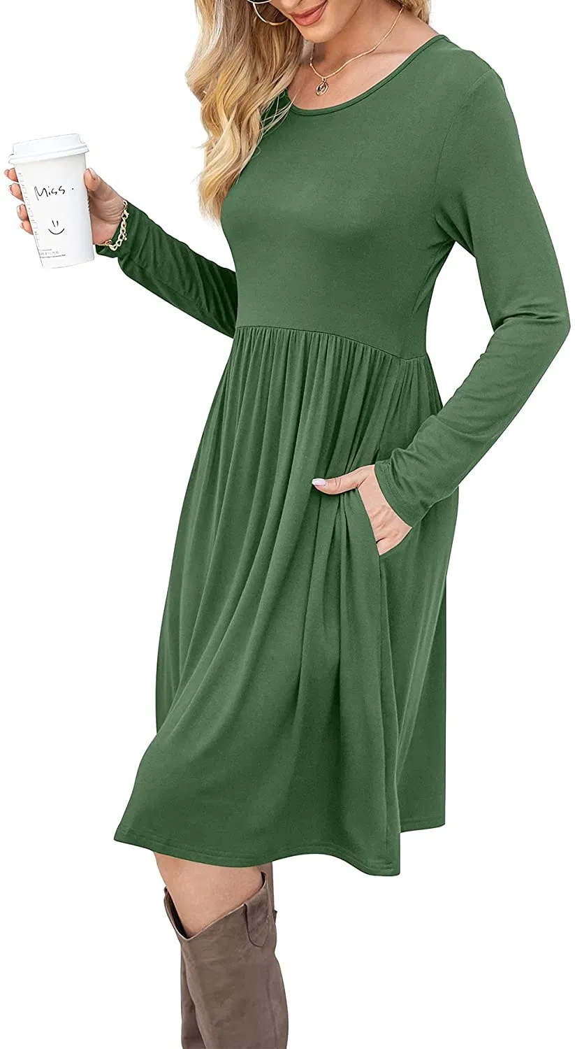 Vestidos Casuais Femininos de Manga Longa com Cintura Império, Vestido Solto com Bolsos