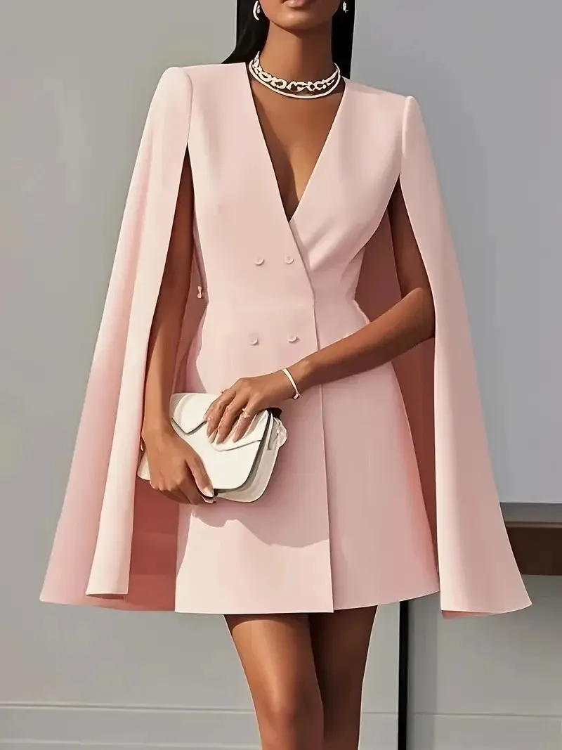 Vestido de Blazer Sólido para Mulheres, Comutador, Escritório, Dupla Frente, Cintura, Festa, Elegante, Decote em V, Manga de Capa, Roupas Femininas, Vestido Casual MIDI
