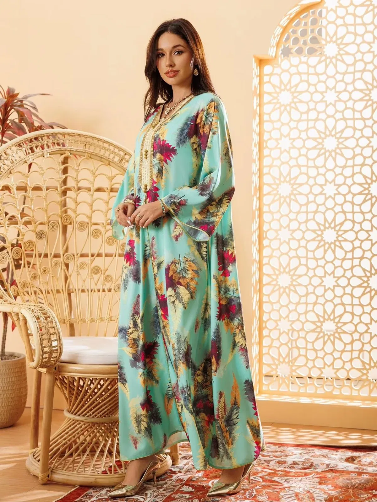 Novo Vestido Longo de Manga Longa Casual Estampado Elegante para Mulheres Muçulmanas