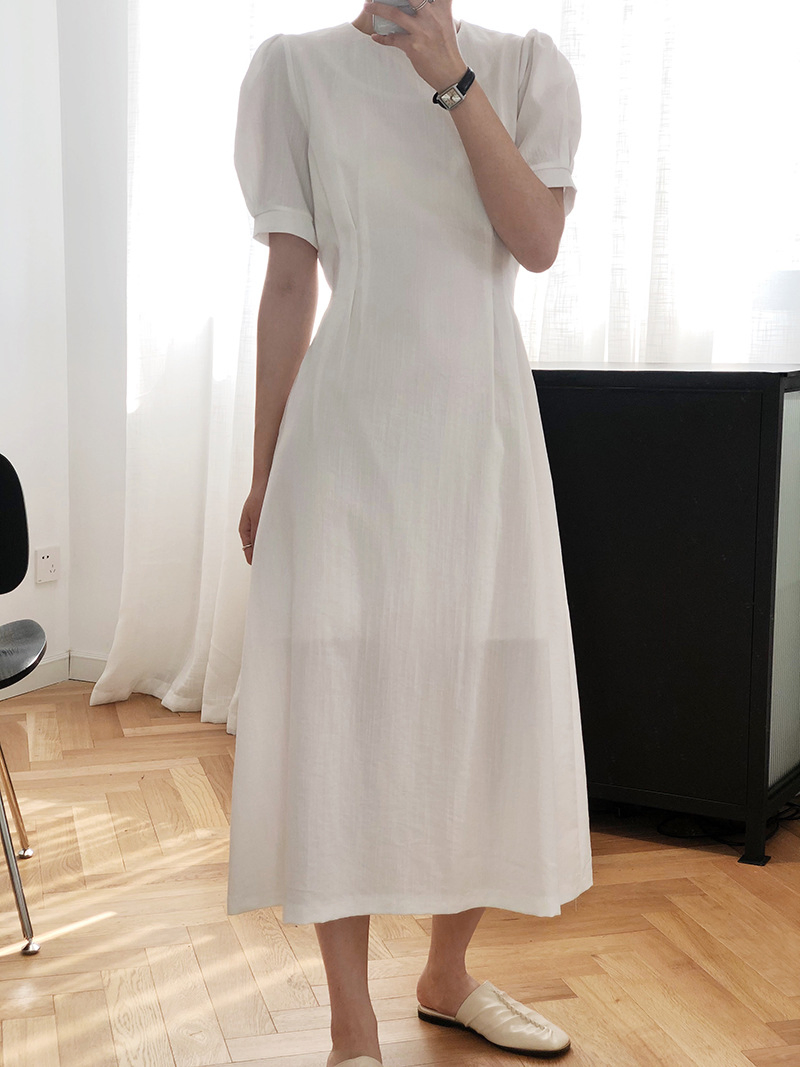Vestido Casual Feminino de Verão Novo 2025 com Decote Redondo, Cor Sólida, Laço, Manga Curta e Manga Bubbly