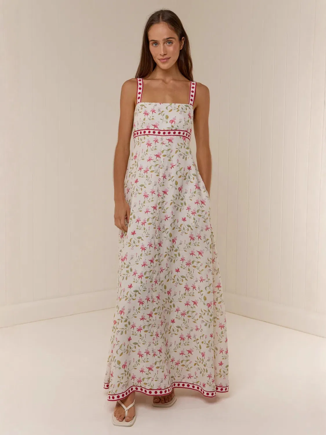 Vestido Maxi Floral Feminino Sem Mangas Decote Quadrado Com Detalhes em Contraste Casual Verão Longo Vestido Slip