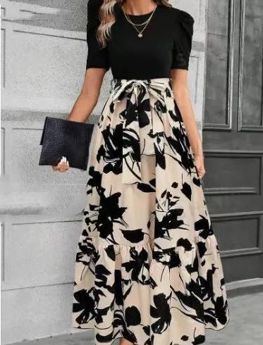 Vestido Casual Longo com Estampa Floral, Top com Recortes e Cinto na Cintura para Mulheres