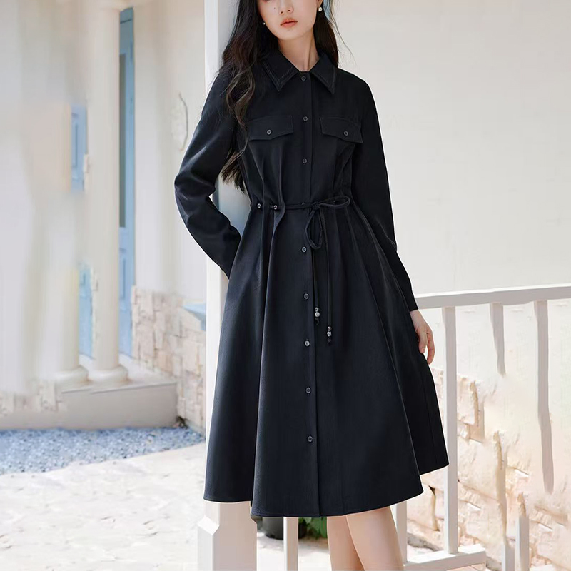 Novo Estilo Estilo Francês Blusa Vestido Casual de Manga Longa com Gola Ajustada para o Dia