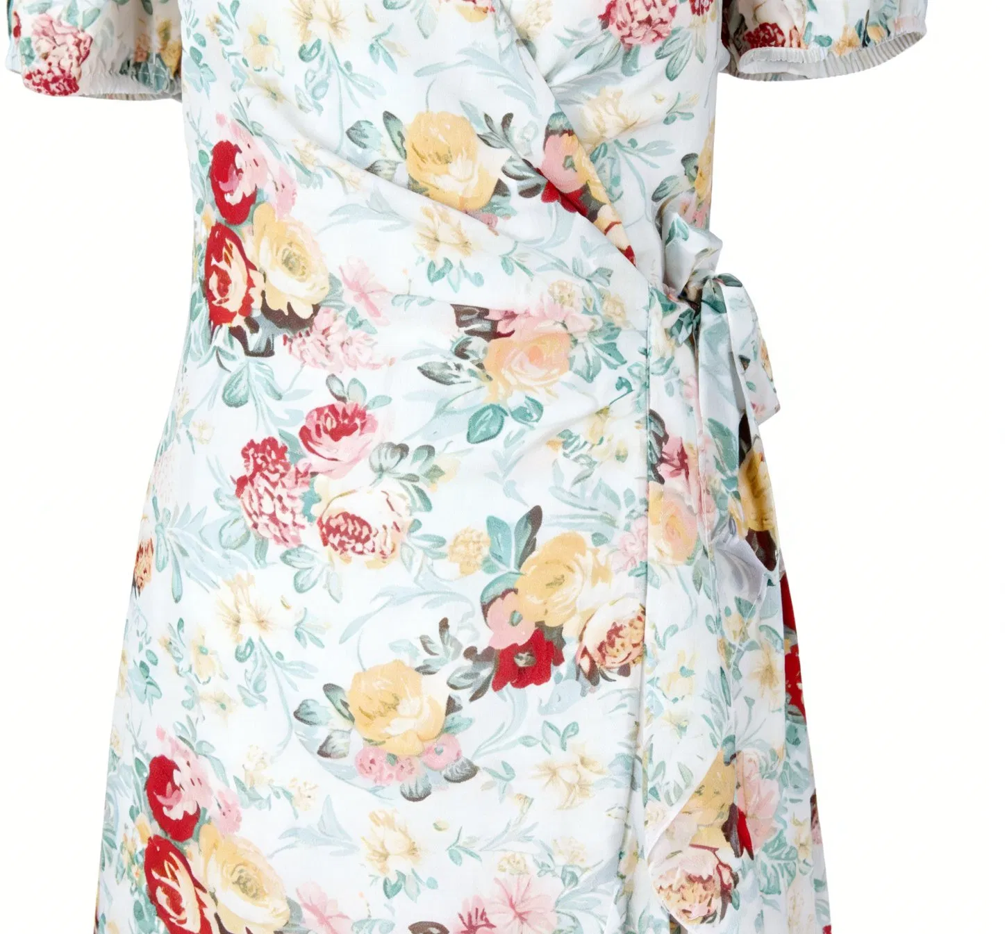 Vestido maxi envolvente com mangas bufantes e estampa floral, com barra em babados para o verão casual e férias
