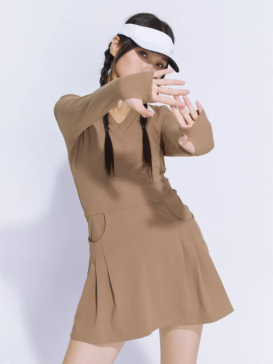Saia de tênis de manga longa para outono e inverno, roupa de golfe feminina casual com bolso, vestido de tênis
