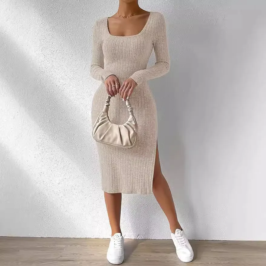 Americano Europeu Popular 2025spring Verão Novo Vestido Longo de Malha com Fenda de Manga Comprida e Gola Redonda Estilo Casual Justo Feminino