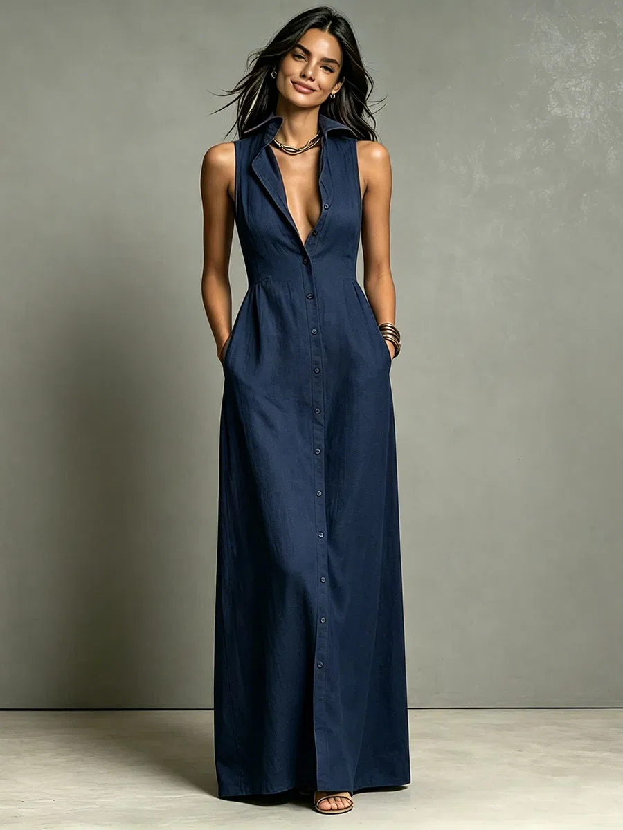 Vestido midi casual sem mangas com lapela e botões, em cor sólida, com bolsos