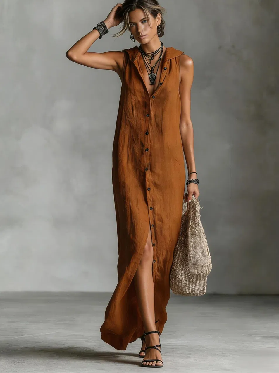 Vestido maxi sem mangas com capuz e botões na frente para mulheres