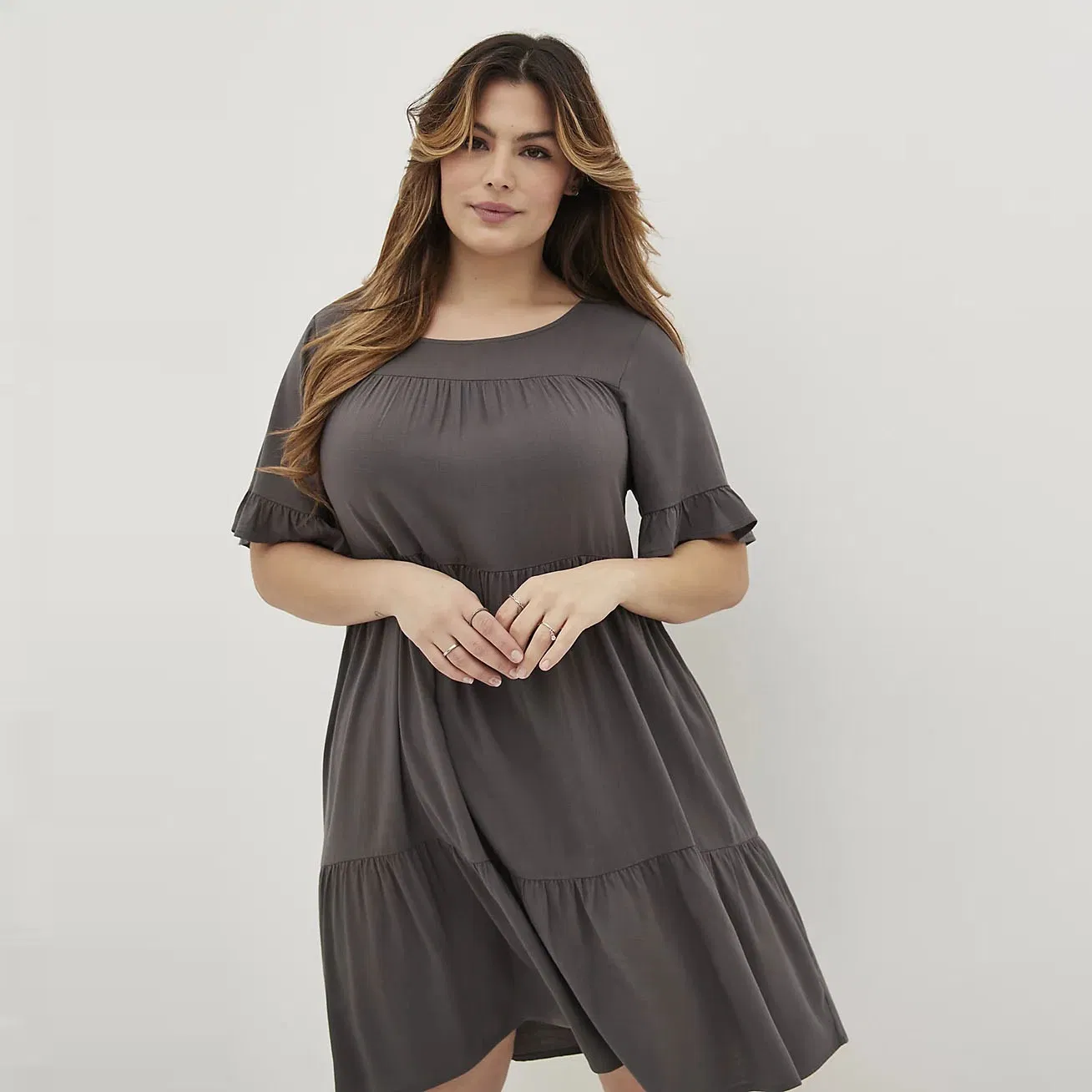 Vestido de Verão Feminino Solto Casual Tricotado A-Line com Manga Curta Stretchy