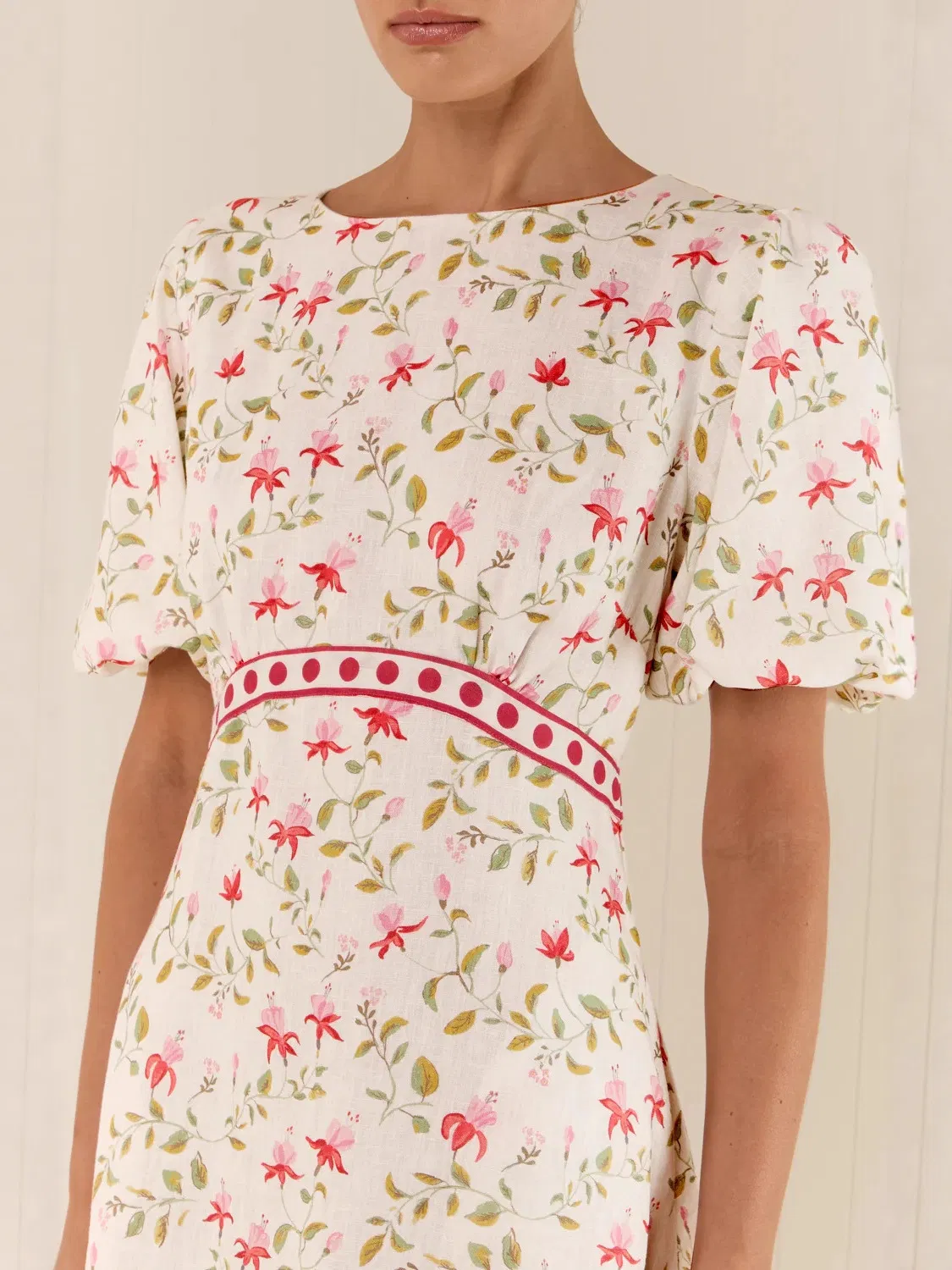 Vestido MIDI de Linho com Mistura para Mulheres, Decote Redondo, Manga Bufante, Estampa Floral com Acabamento em Contraste, Vestido Casual de Verão