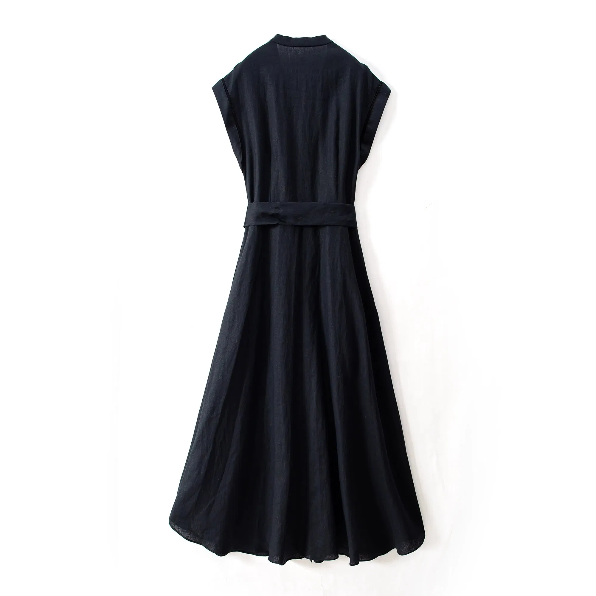 Vestido Casual Elegante com Cinto na Cintura e Mangas Curtas para Mulheres em Linho