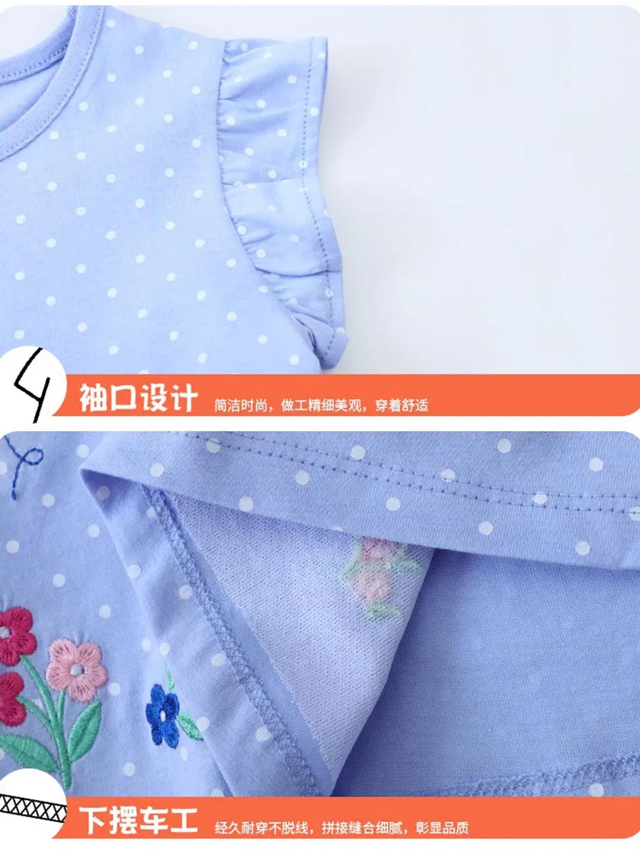 Vestido Infantil Estilo Europeu e Americano com Mangas Curtas em Algodão Puro, Tricotado, Bordado, Saia Casual de Princesa