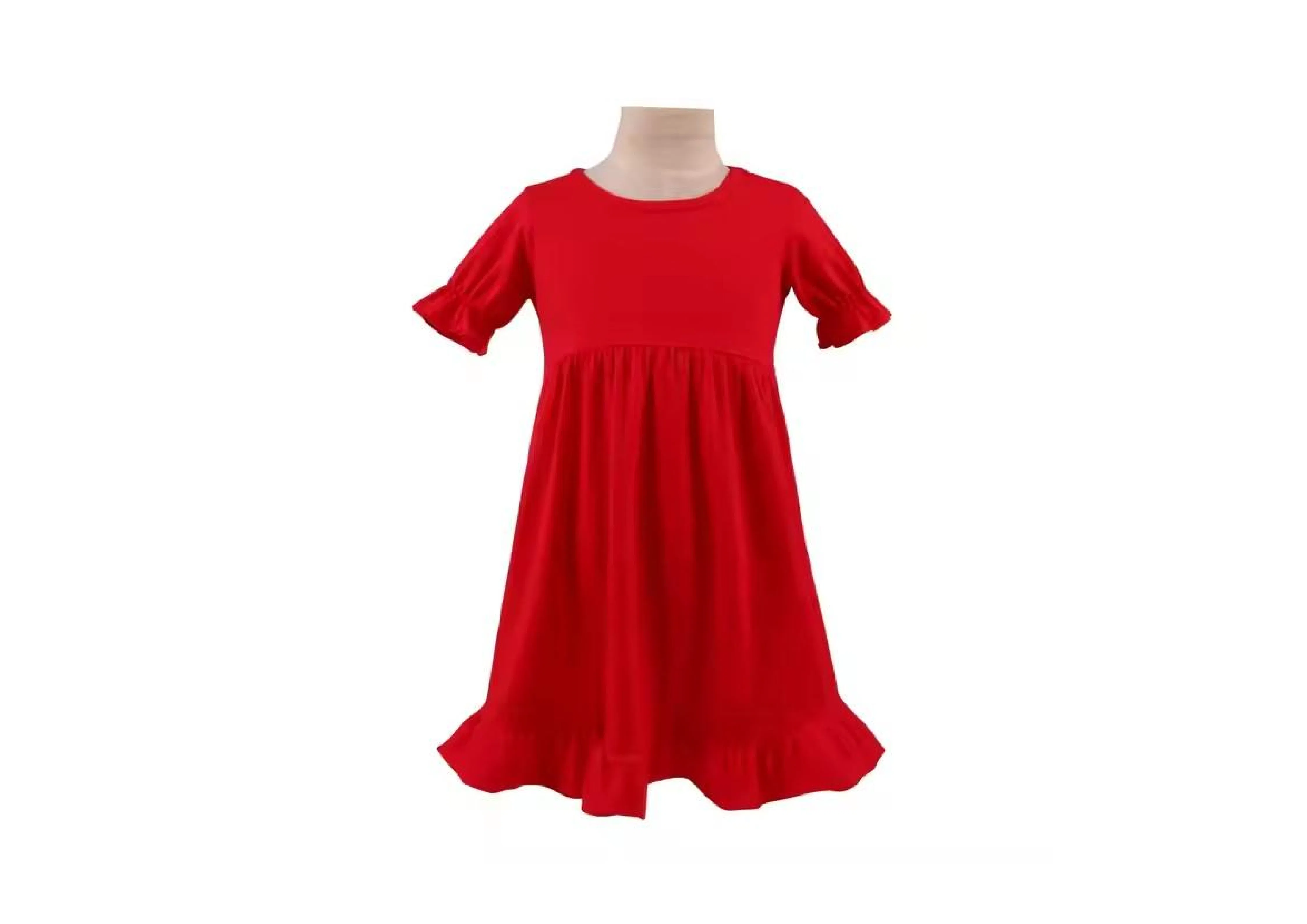 Vestido Casual de Verão Infantil de Manga Curta em Algodão Puro com Renda em Cores Sólidas