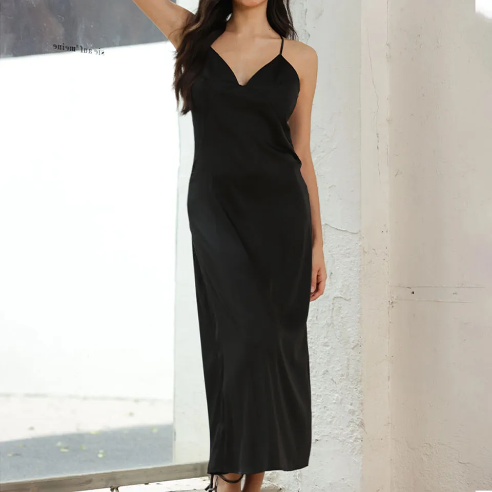 Vestido Casual Feminino Sem Mangas de Alta Qualidade Personalizado, Decote em V, Alça Fina, Midi, Vestido Slip Preto por Atacado para Mulheres