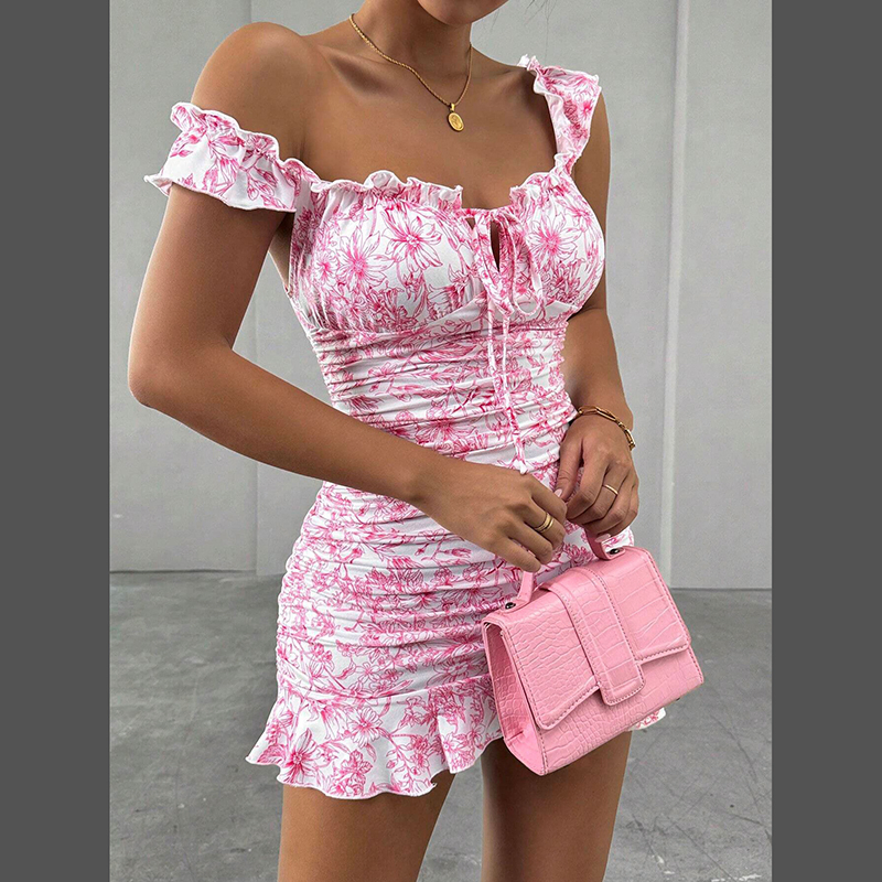 Vestido Curto Casual de Verão Elegante Boho com Mangas de Renda Personalizadas