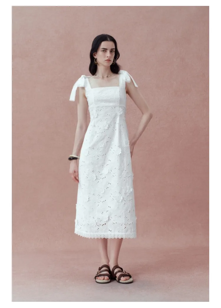 Vestido de Verão Feminino de Lazer Atacado Marca Algodão Bordado Tecido Laço no Ombro Vestido Longo para Uso Casual Diário