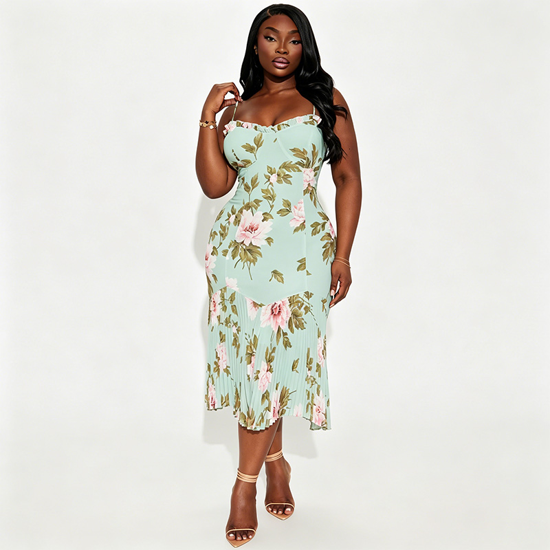 Vestido midi de alças finas com estampa floral em verde menta, decote coração com babados, saia plissada, estilo bodycon, vestido de verão casual para encontros e férias, personalização OEM