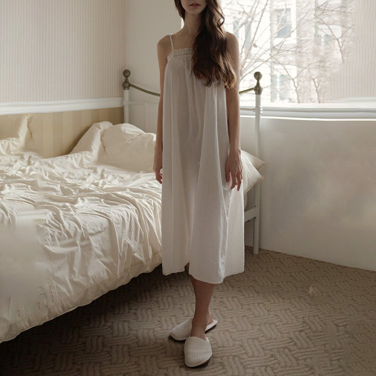 Vestido Longo Casual de Algodão com Renda em Cor Sólida para Mulheres