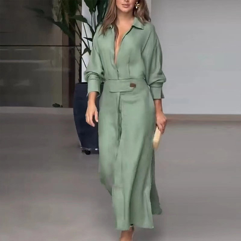 Fabricante de Roupas Personalizadas Vestido Casual A-Line de Primavera e Outono Manga Longa Fenda Maxi Gola V Com Bolsos Vestido Camisa para Mulheres