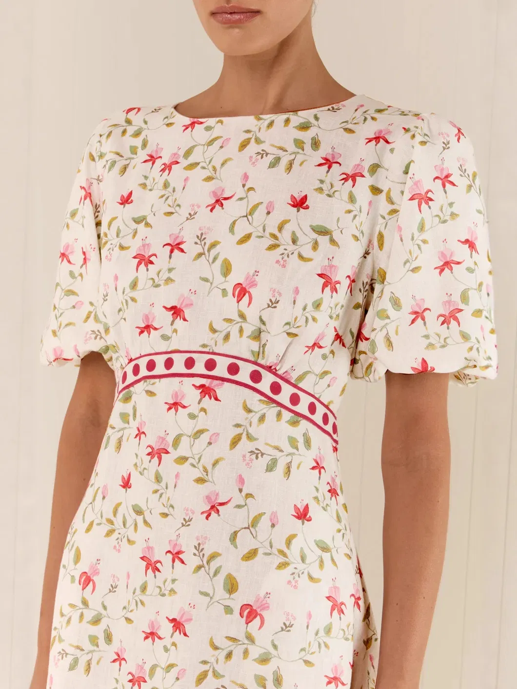 Vestido MIDI de Linho com Mistura para Mulheres, Decote Redondo, Manga Bufante, Estampa Floral com Acabamento em Contraste, Vestido Casual de Verão