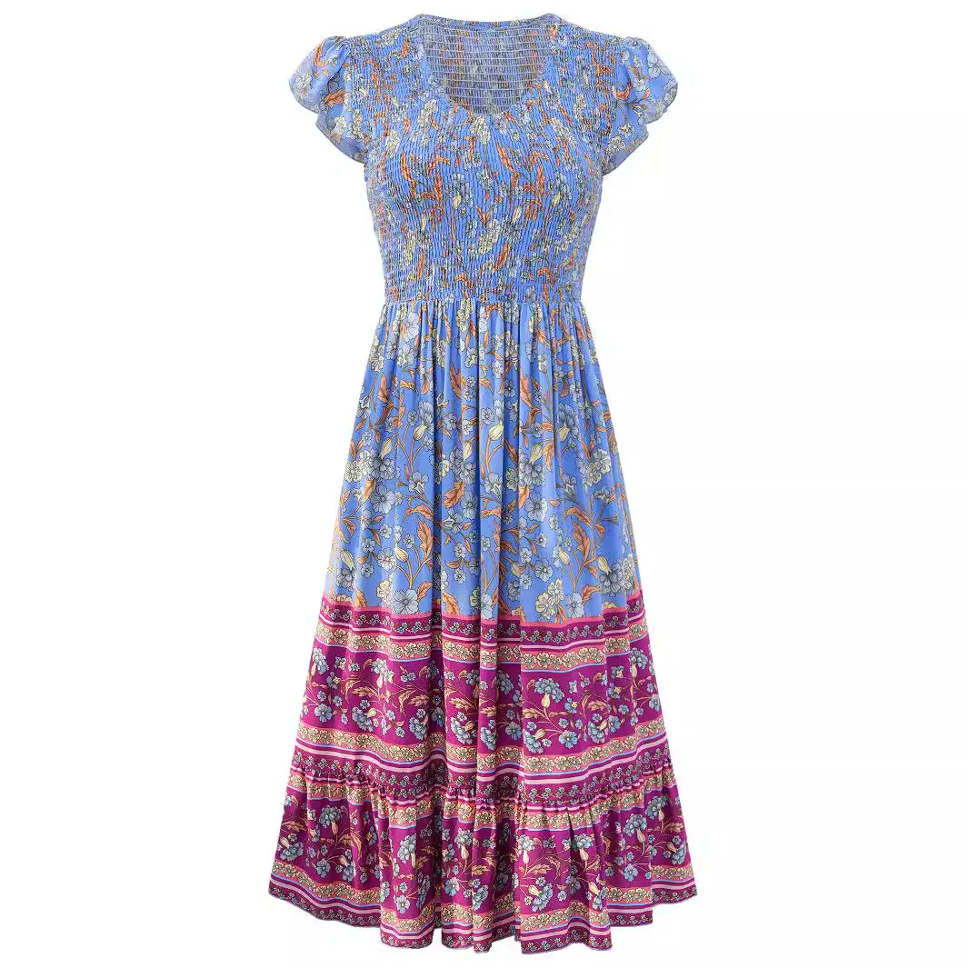 Vestido Casual Primavera Verão Estilo Fresco Estampado Decote em V Manga Voando Estilo Boho