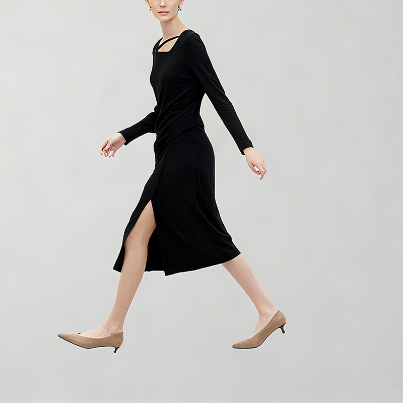 Novo Versátil, Confortável e Fashionável Vestido Casual Longo de Manga Longa com Gola Média e Decote Quadrado em A