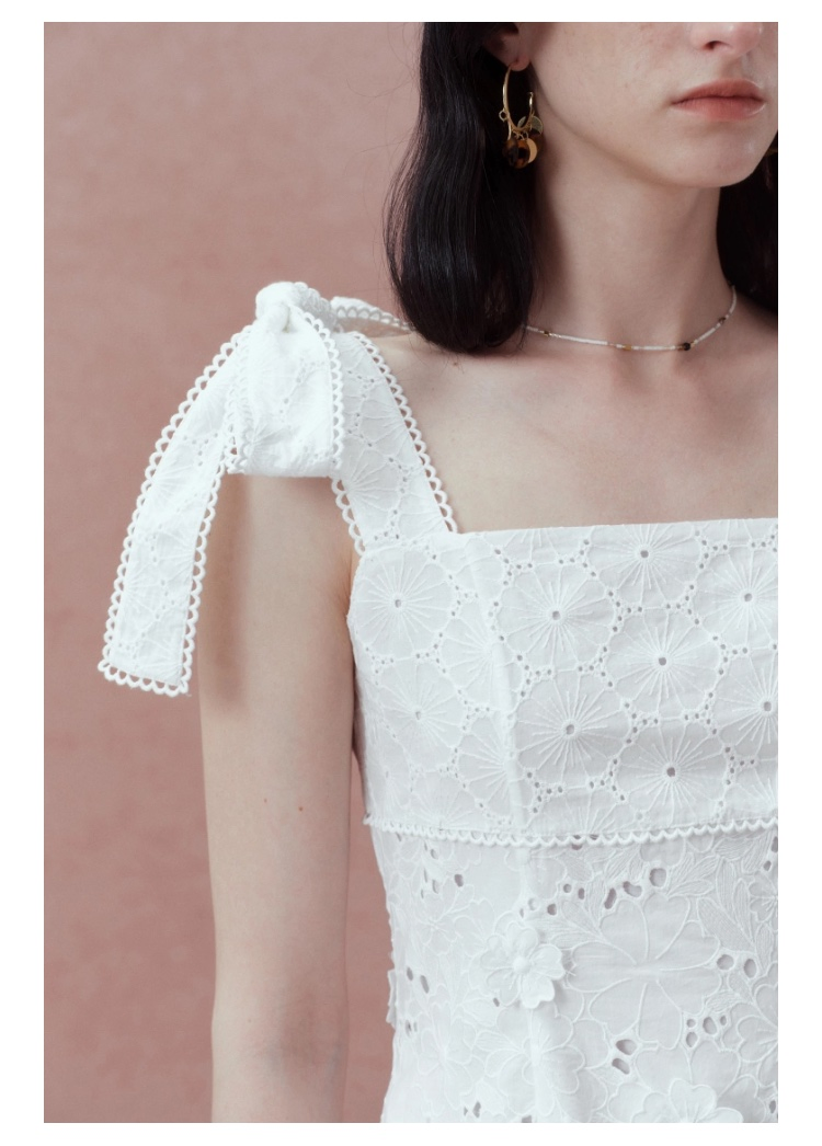 Vestido de Verão Feminino de Lazer Atacado Marca Algodão Bordado Tecido Laço no Ombro Vestido Longo para Uso Casual Diário