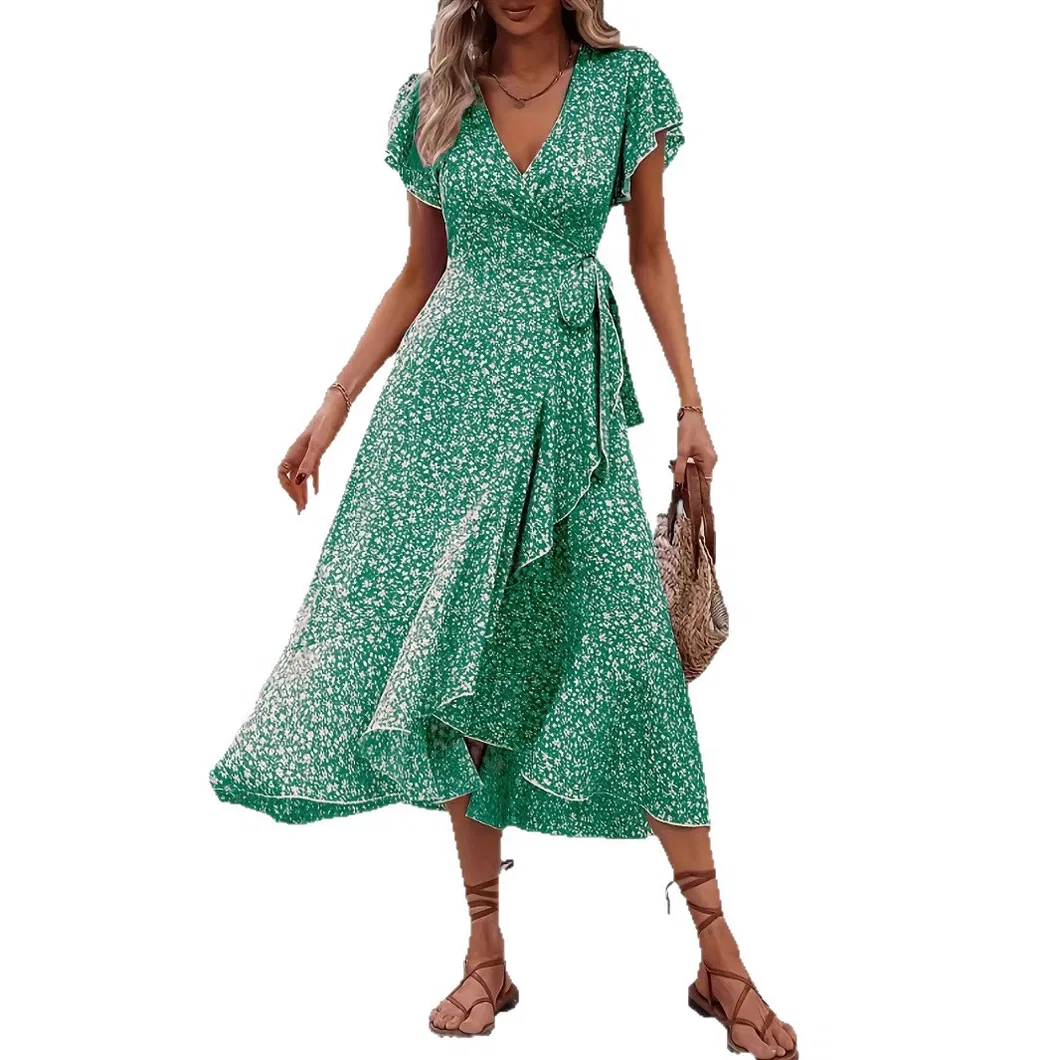 Saia de Flor, Manga Curta, Saia Longa, Vestido Casual, Moda Solta Floral, Verão Feminino, Estilo Gentil, Atacado