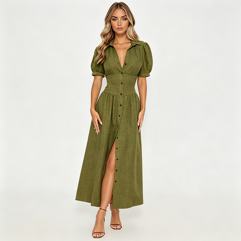 Vestido Maxi Longo de Linho Verde Oliva com Mangas Puff para Mulheres, Gola, Cintura Alta, Botões Frontais, Fenda Lateral, Look Casual de Verão