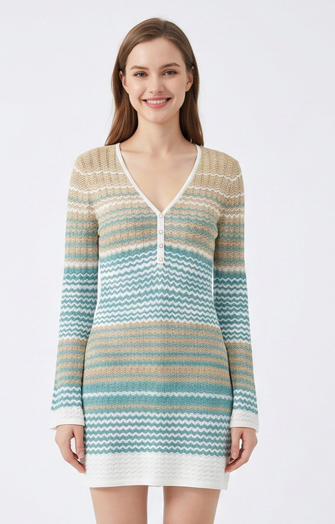 Vestido MIDI de Tricô Oco Listrado com Manga Longa e Decote em V