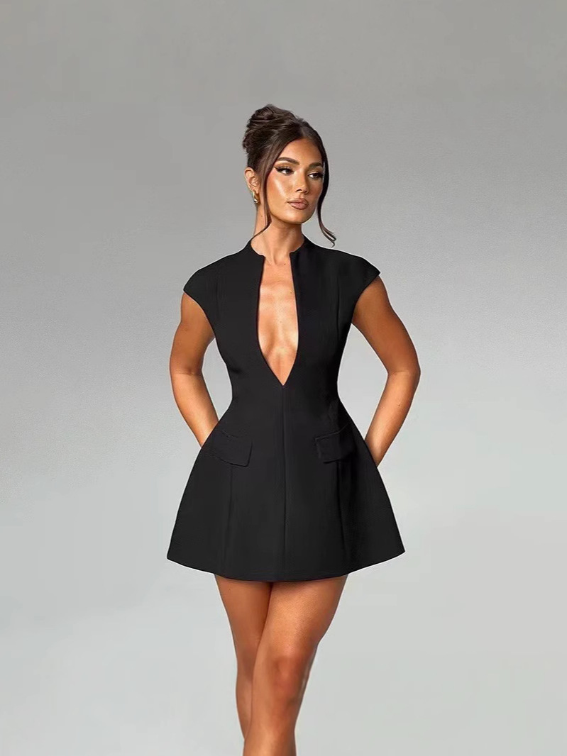 Vestido Mini Casual de Alças com Gola em V em Poliéster para Festas Femininas