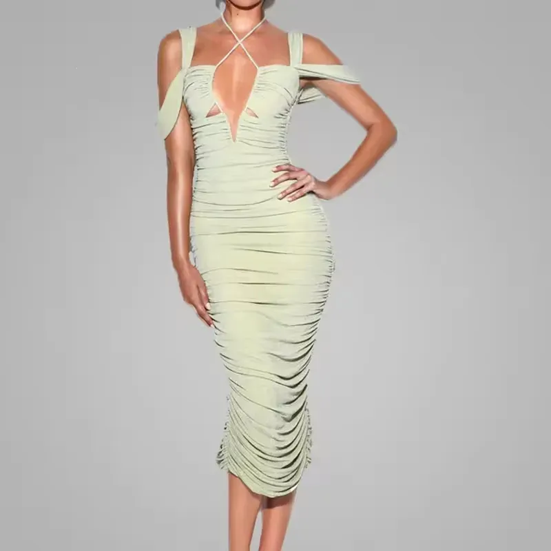 2025 Novos Vestidos Casuais Femininos Elegantes com Decote em V Profundo, Cintura Baixa, Envolventes e Justos, Roupas Sexy para Festa à Noite em Clube