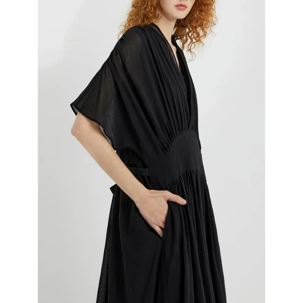Vestido Preto Básico Feminino de Algodão Personalizado por Atacado, Decote em V, Cintura Ajustada, Elegante, Casual, para Escritório, Trabalho, Commuter, Vestido MIDI de Verão, Algodão Personalizado por Atacado
