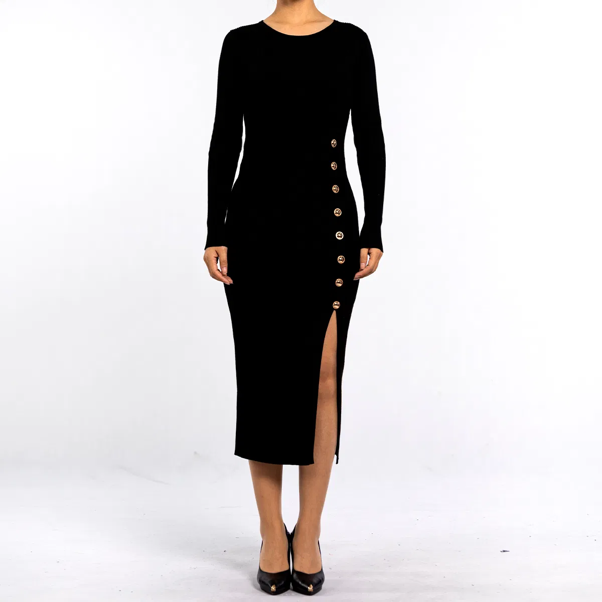 Vestido preto casual envolvente de manga longa com bainha aberta de malha para mulheres na primavera